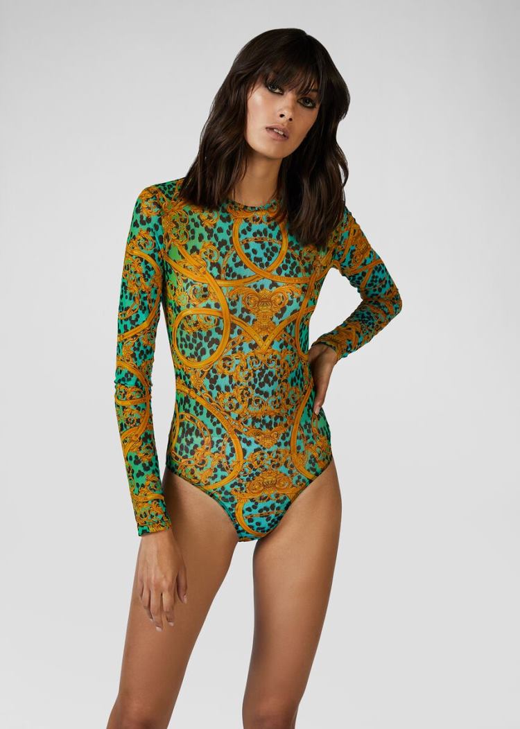 Versace Dress 2024 - Jeans Couture Leo Chain Print Bodysuit Jeans Couture  Green